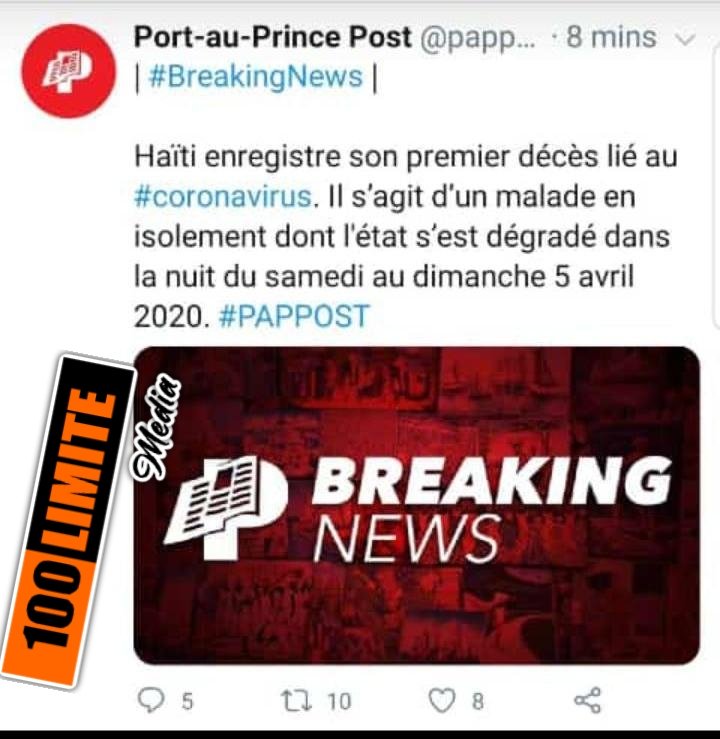 100limite01's tweet photo. Un premier décès enregistré en 
HAITI - 

Covid-19 https://t.co/cUtsLg5kO6