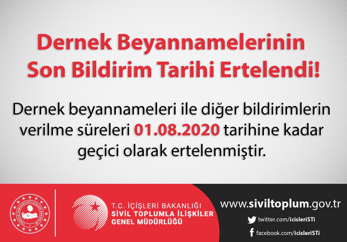 icisleriSTi's tweet photo. Dernek beyannameleri ile diğer bildirimlerin verilme süreleri 01.08.2020 tarihine kadar geçici olarak ertelenmiştir. https://t.co/tsYVJimYkW