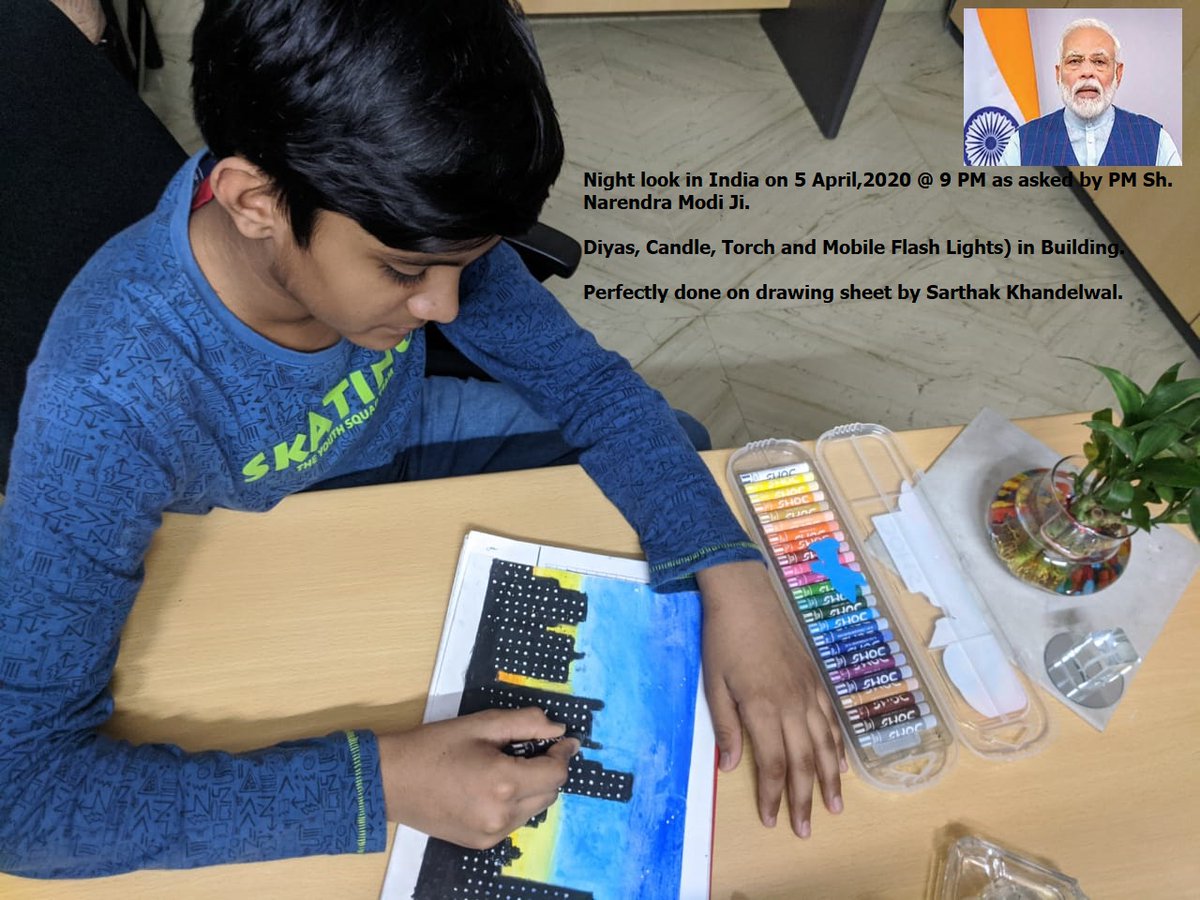 AsriInteriors's tweet photo. @DainikBhaskar @PMOIndia @narendramodi Night look in #India on #5April9Baje9Minute as asked by PM Sh. #Narendra_Modi_ji
to light up surrounding with #Diyas #Candles #Torch #mobileflashlight
Perfectly on drawing sheet by (son)Sarthak @narendramodi @PMOIndia #9pm9minute #covid19 #IndiaFightsCoronavirus @DainikBhaskar https://t.co/JZnFJnerJq