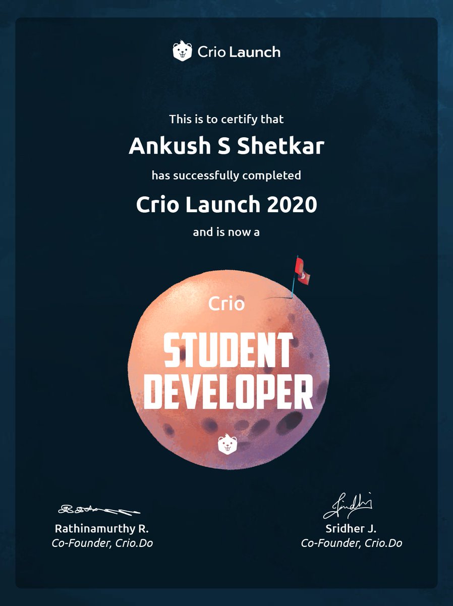 livelyC0der's tweet photo. I graduated from Crio Launch 2020 today. It has been a wonderful journey. The amount of knowledge I gained in this programme is immense. Thank you @crio_do  for this amazing opportunity.

#criolaunch #criodevstories

Summary of my work: https://t.co/ShNKInP9UR https://t.co/eb6TQSJW2I