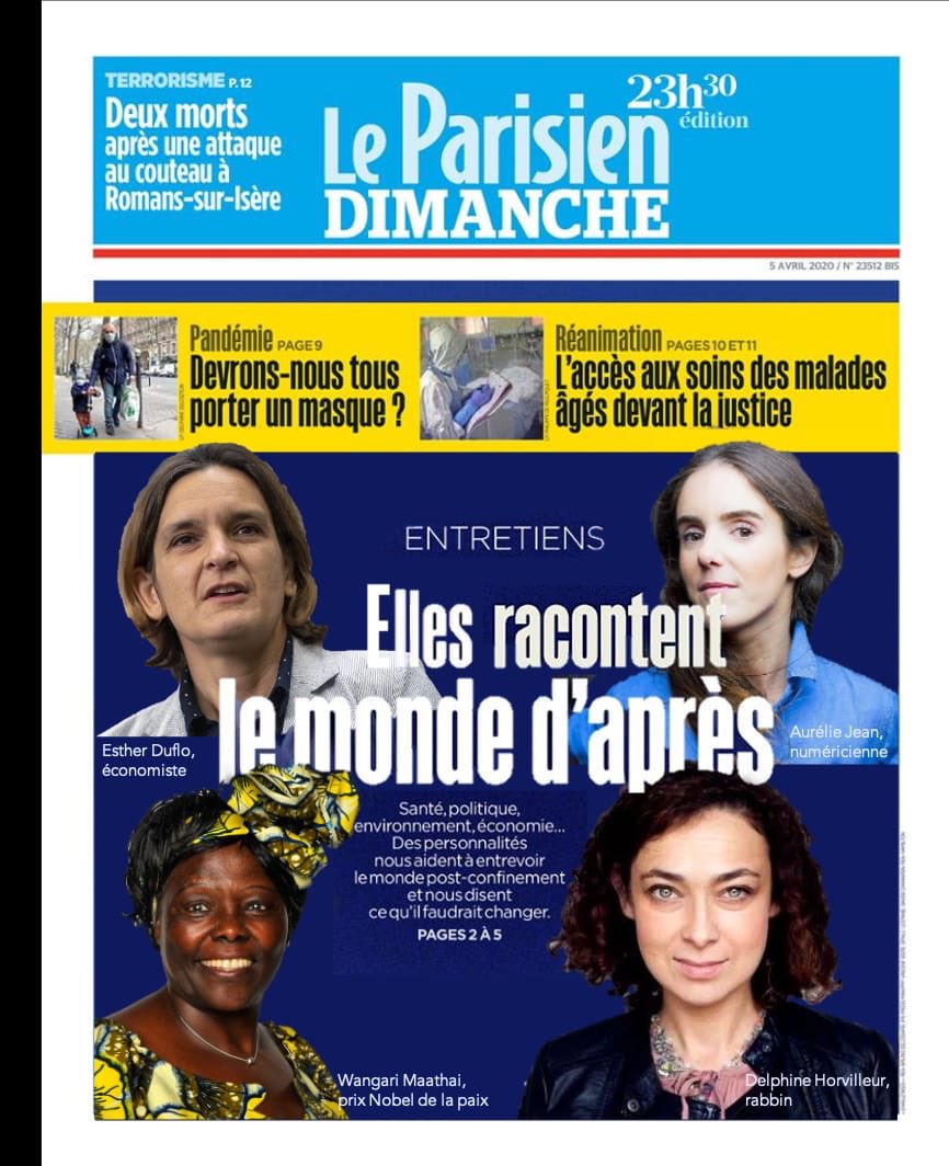 Notre réponse à la Une de <a href="/le_Parisien/">Le Parisien</a> #cemmes #médias avec <a href="/Aurelie_JEAN/">Aurelie JEAN, Ph.D.</a> @EstherDuflo <a href="/WangariMaathai7/">Wangari Maathai</a> <a href="/rabbidelphineH/">Delphine Horvilleur</a>  Merci à ce lqxdiper team du <a href="/Mediaclubelles/">médiaClub'Elles</a>