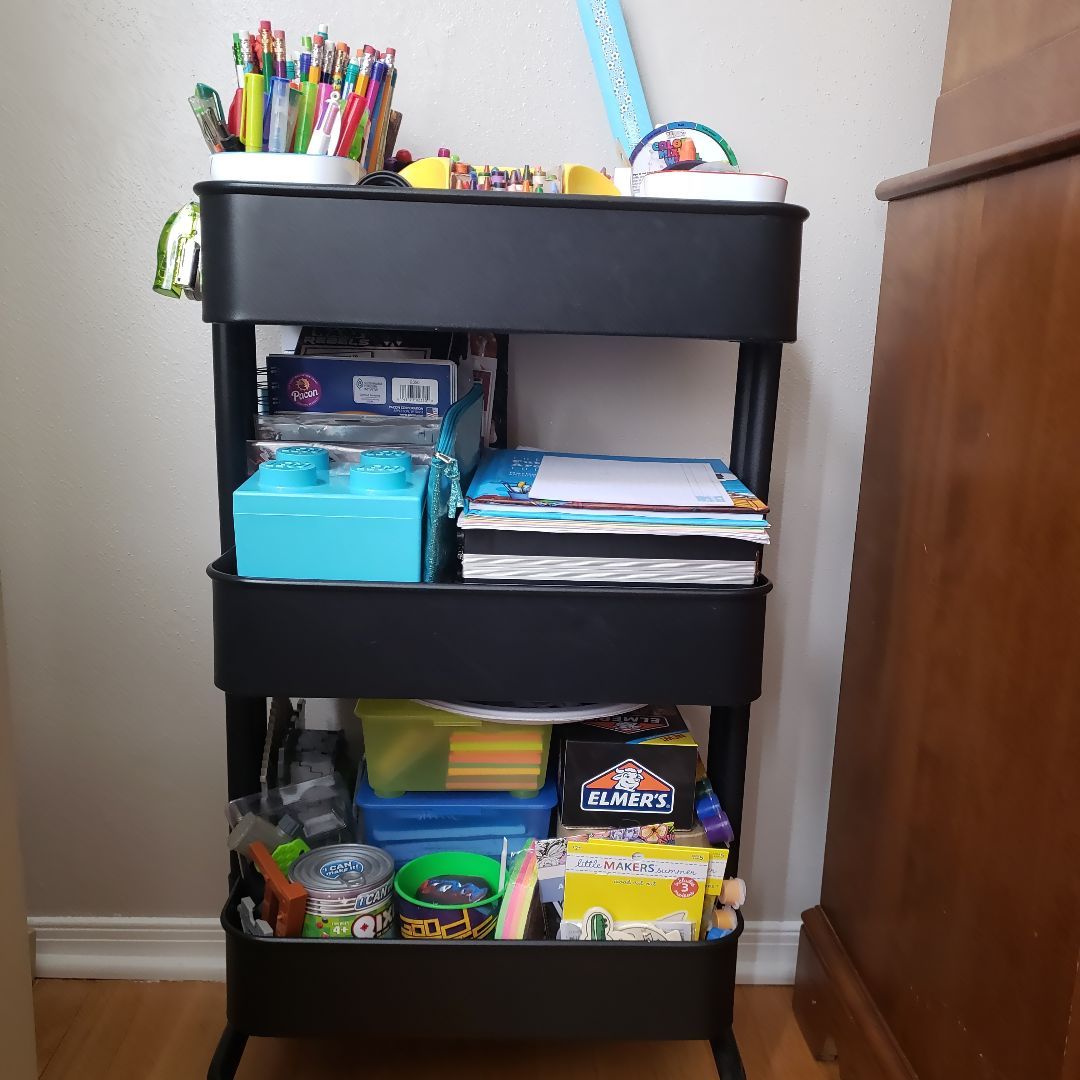 cari_r_85's tweet photo. My son's homework and craft cart ready for more homeschooling this week. #thebigclean #influenster #ikea #elmers #joannfabric #bic #sharpies #TheBigClean https://t.co/uTpHgzzu1Y https://t.co/koVWxU9fVk