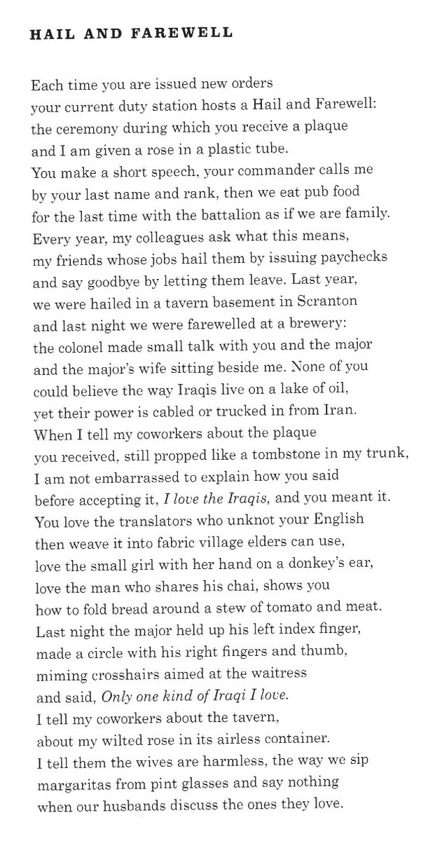 For a  #NationalPoetryMonth-meets-Palm-Sunday "celebratory" vibe,  #warpoetry from Tacoma, WA Poet Laureate & Army spouse  #AbbyEMurray—the titular poem from her "Hail and Farewell," regarding a kind of military social ritual.  https://www.perugiapress.com/wp/books/hail-and-farewell/ 5/n