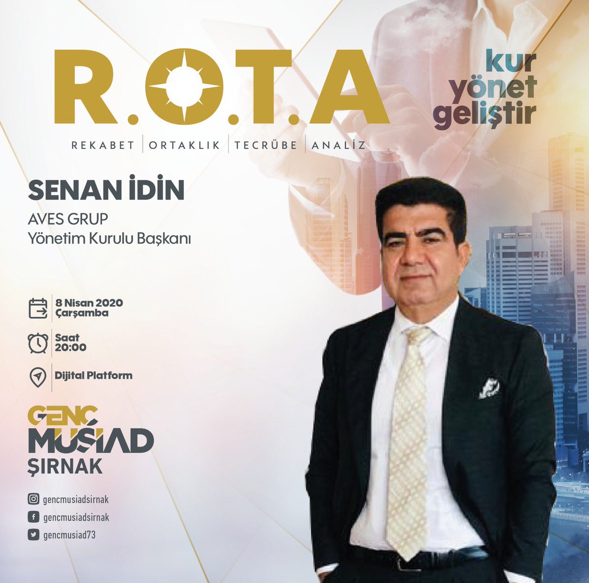 ROTA’mızı iş dünyasına çeviriyoruz.Dijital sohbetler kapsamında bu haftaki konuğumuz AVES GRUP Yönetim Kurulu Başkanı Sn.Senan İdin tecrübelerini ve gündeme dair görüşlerini üyelerimizle paylaşıyor. #ROTA