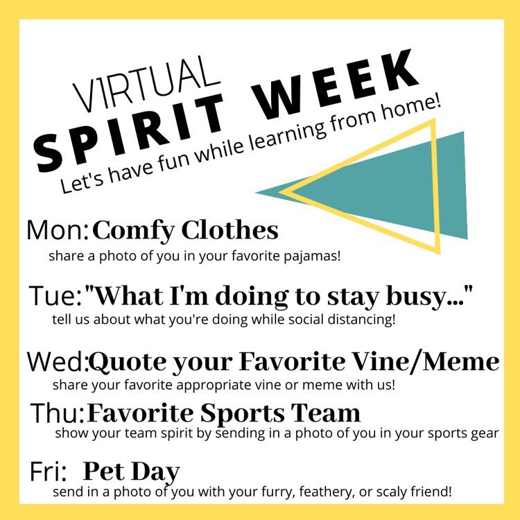 These are the official virtual spirit week days! It starts tomorrow April 6th. Share this to help get the word out! Use the hashtag #virtualspiritcircle on twitter and instagram so we can see what you’ve been up to!!