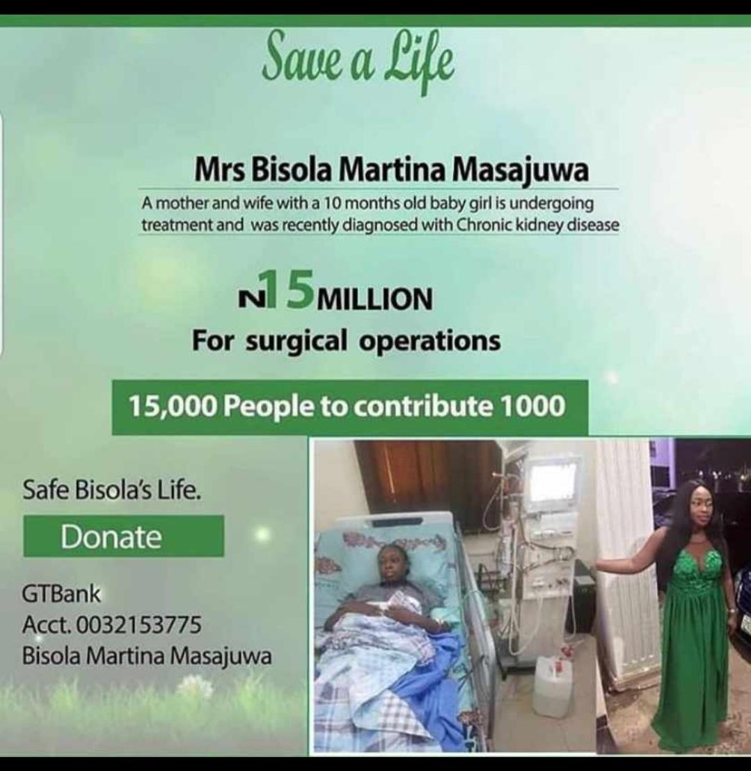 SunnyOgbeide's tweet photo. Meet Bisola Martina Masajuwa, a Wife and mother to a 10 months old baby girl. In need of a N15M Kidney transplant  to survive. So far we've been able to raise about 2.7m from friends, family and her GoFundMe.

No amount is too small to help #SaveBisola.🙏🏼🙏🏼🙏🏼

See details below https://t.co/U4BBSPSWtW
