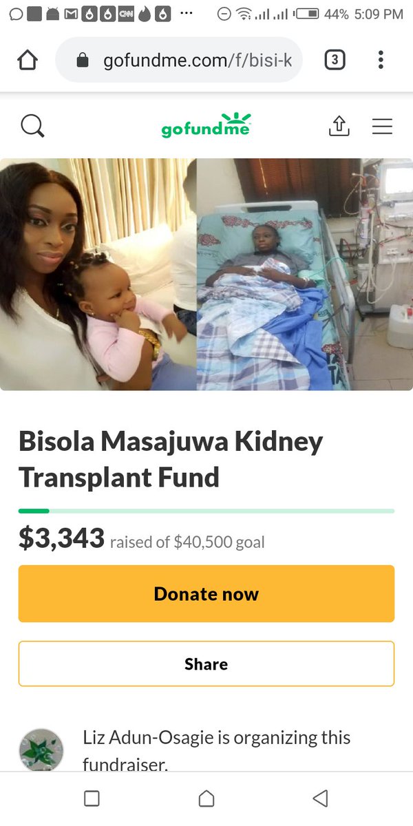 SunnyOgbeide's tweet photo. Meet Bisola Martina Masajuwa, a Wife and mother to a 10 months old baby girl. In need of a N15M Kidney transplant  to survive. So far we've been able to raise about 2.7m from friends, family and her GoFundMe.

No amount is too small to help #SaveBisola.🙏🏼🙏🏼🙏🏼

See details below https://t.co/U4BBSPSWtW