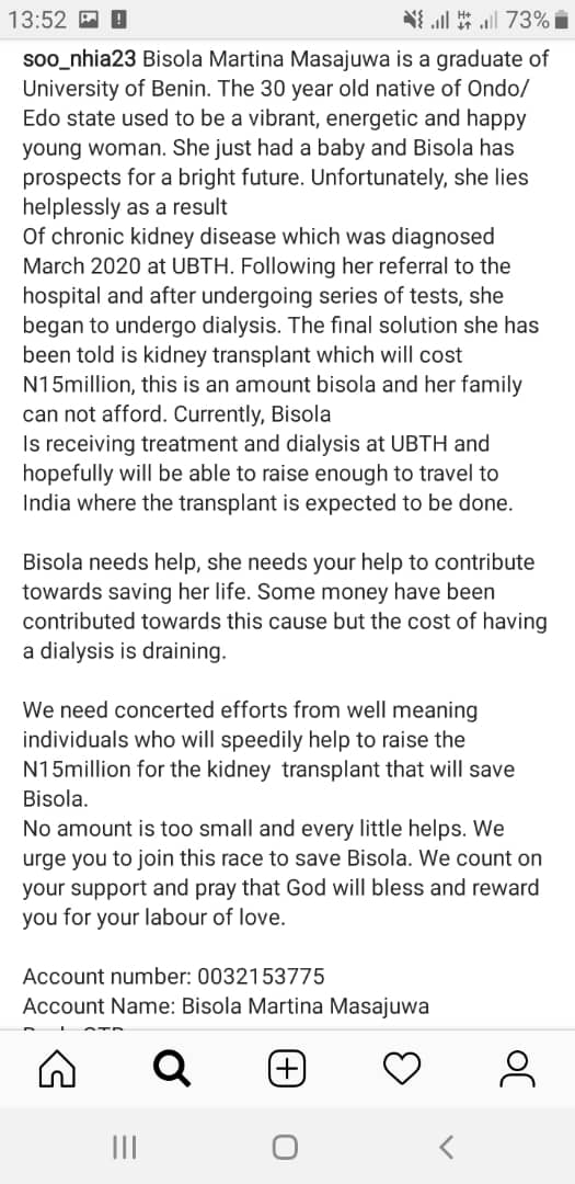 SunnyOgbeide's tweet photo. Meet Bisola Martina Masajuwa, a Wife and mother to a 10 months old baby girl. In need of a N15M Kidney transplant  to survive. So far we've been able to raise about 2.7m from friends, family and her GoFundMe.

No amount is too small to help #SaveBisola.🙏🏼🙏🏼🙏🏼

See details below https://t.co/U4BBSPSWtW