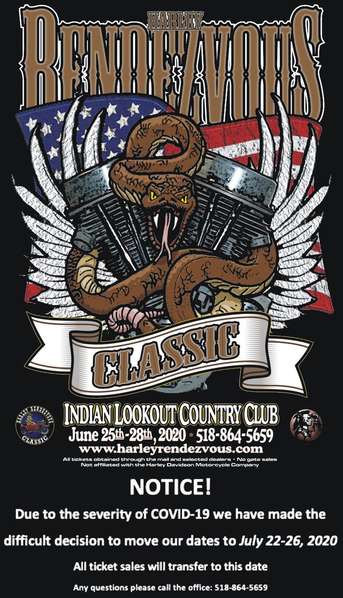 harleyvous's tweet photo. NOTICE
Date Changes: July 22-26, 2020
All ticket sales will transfer to this date. https://t.co/htcTbh3r4I