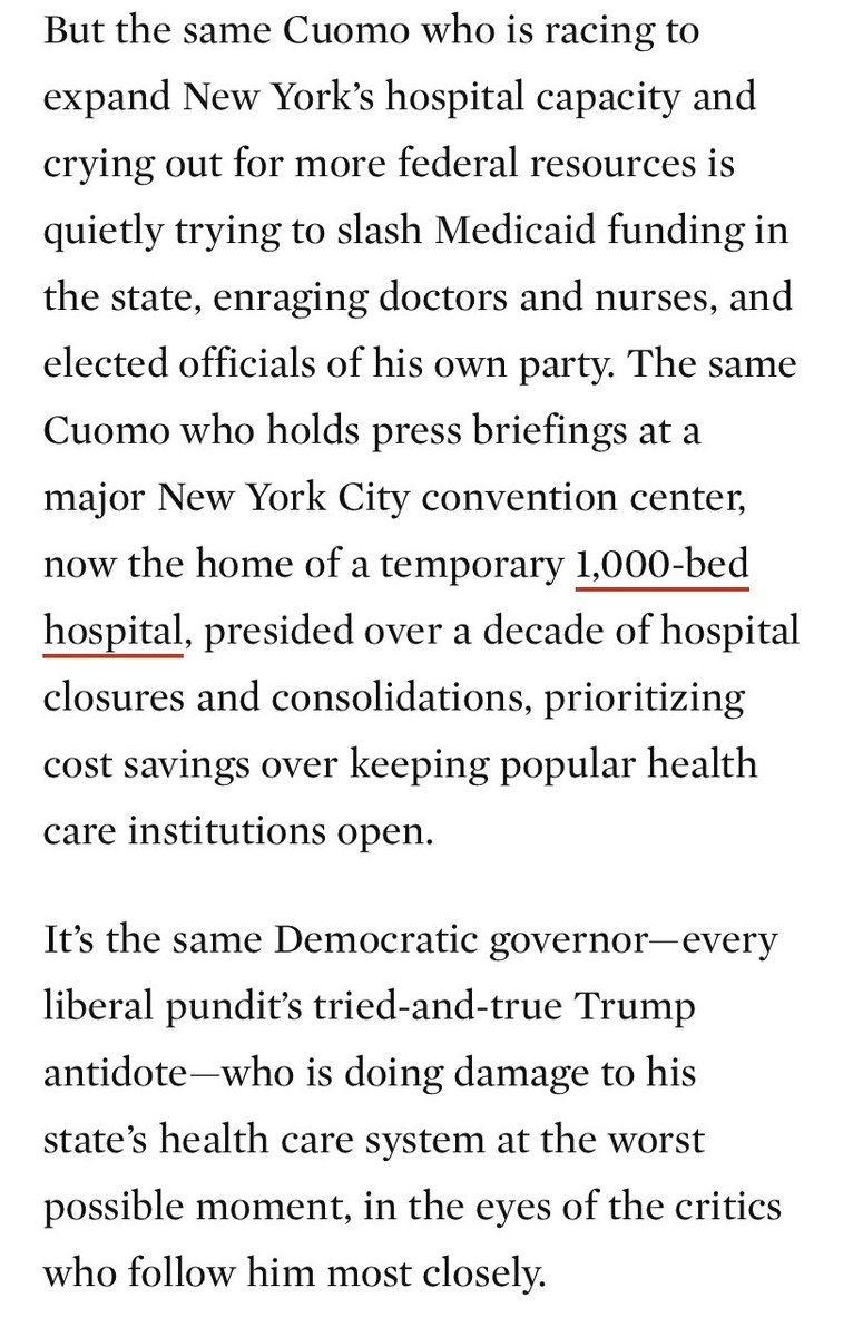 And we see the same with Cuomo and this state-led consolidation of New York hospitals basically into one system. This is the same Cuomo that is cutting Medicaid funding. https://www.thenation.com/article/politics/covid-ny-hospital-medicaid/