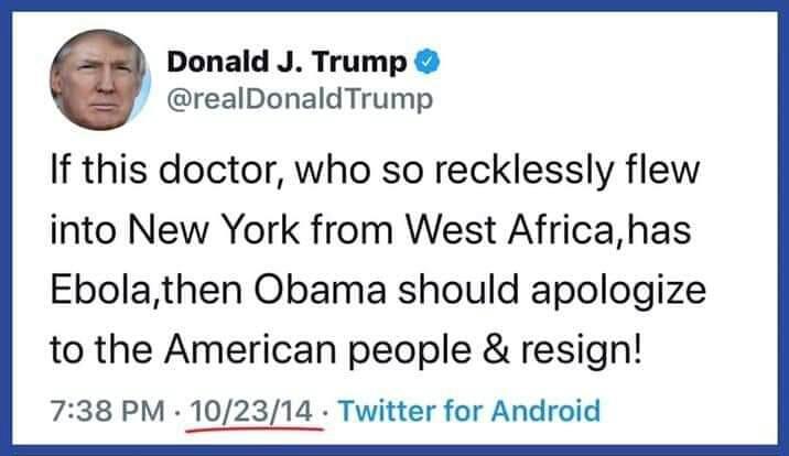 Mohamed_Aysing's tweet photo. In 2014 there were 11 cases of Ebola
And 2 deaths in the U.S. and @realDonaldTrump demanded president obama resign.

Today USA have nearly 140,000 cases of #coronavirus and 2,400 deaths in the U.S. and trump insists he's doing a great job
#Covid_19 #USA https://t.co/arlDCs3WQe
