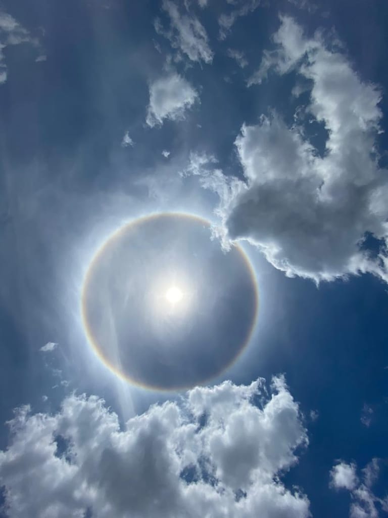 machadoantonio7's tweet photo. Halo solar sobre la ciudad de #Caracas este Domingo #5Abr Domingo de Ramos. Yo veo también una paloma blanca a la derecha del sol. Como si lo estuviera viendo https://t.co/eJ0EYEte1J