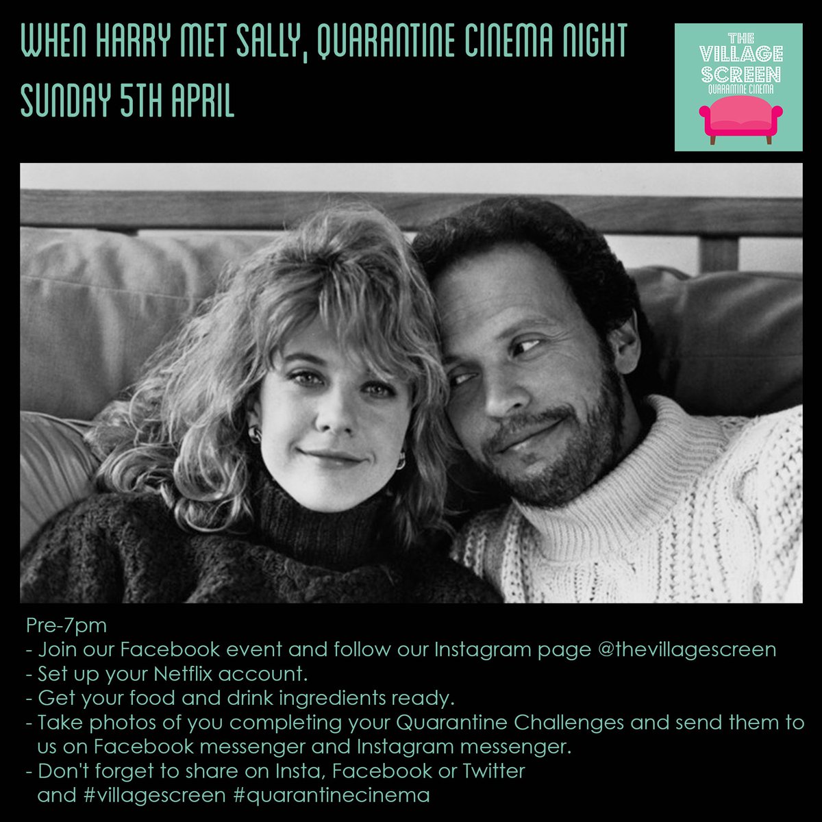 VillageScreen's tweet photo. Hope you’ve had a great day so far and are joining us at 7PM for tonights #quarantinecinema with ⁦@mamasue222⁩ menus, cocktails and our live dj @matthydes take a sneak at the schedule and enjoy your evening. #VillageScreen #whenharrymetsally #whattodoinquarantine #mamasues https://t.co/lILHrJb2y0