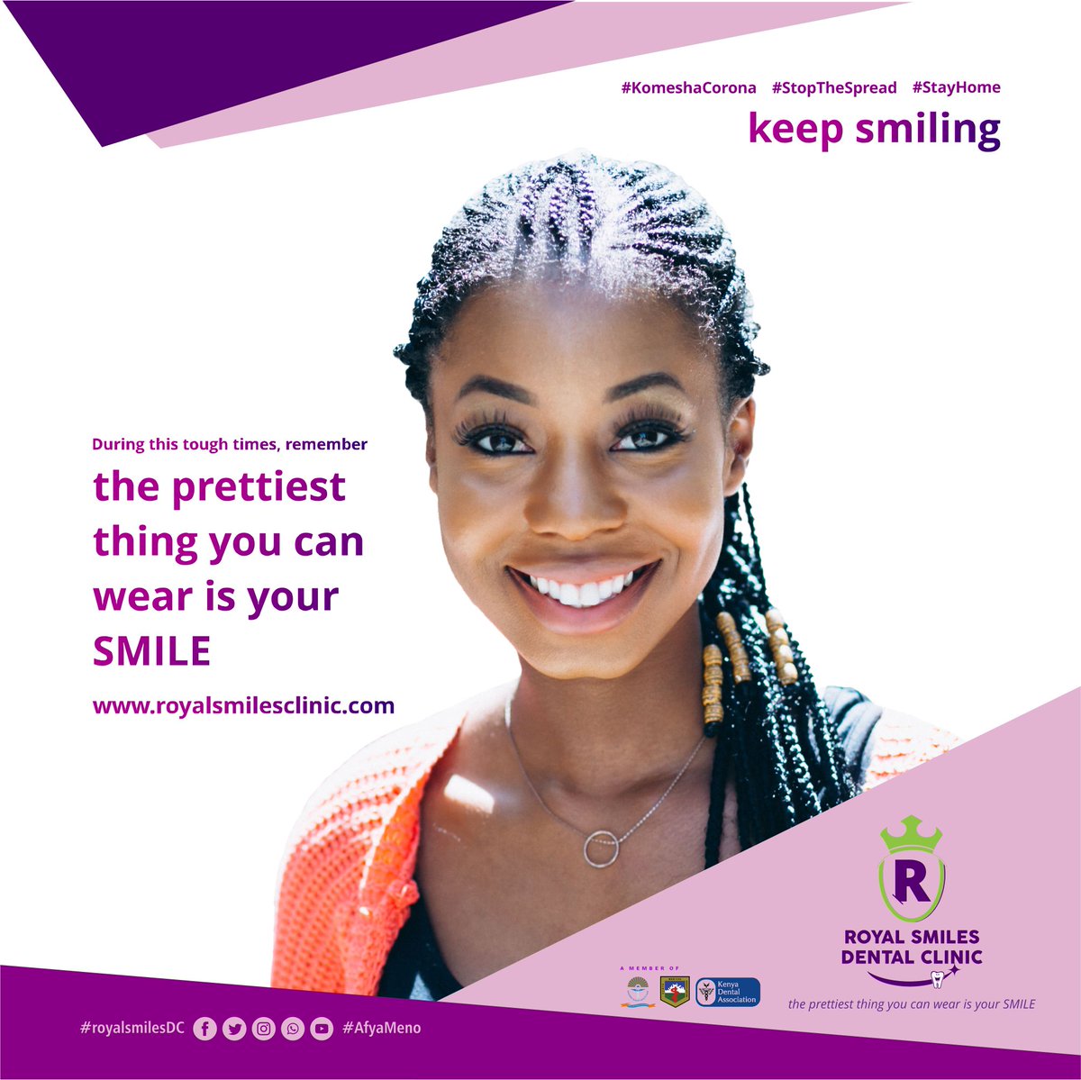 RoyalSmilesKE's tweet photo. During these tough times, remember the prettiest thing you can wear is your SMILE #KomeshaCorona #StopeTheSpread #COVID19Kenya #WashYourHands #StayAtHome #AvoidHandShakes #AvoidCrowds
@MOH_Kenya #HealthCASMercyMwangangi #RoyalSmilesDC https://t.co/sqdlc7wmRX