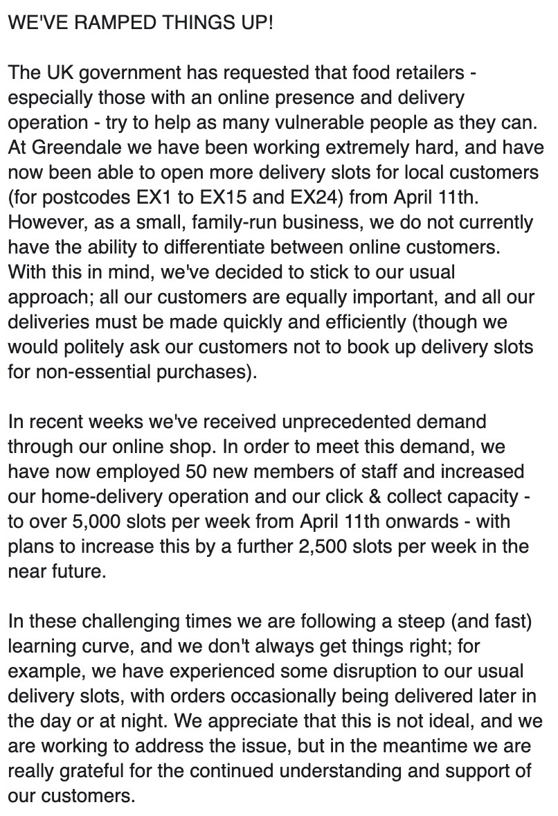 GreendaleFarm's tweet image. WE'VE RAMPED THINGS UP!
 
The UK government has requested that food retailers try to help as many vulnerable people as they can. At Greendale we have been working extremely hard to do this.

Please read the attached image for the remainder of the message, thank you.