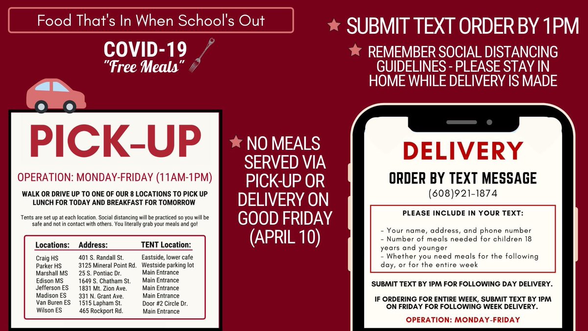 SDJanesville's tweet photo. Tomorrow we begin another week of our COVID-19 Free Meals! 🥪⭐️

Please remember 3 things:

1. Submit text order for delivery by 1PM
2. Do not come outside while delivery made
3. No meals served on Good Friday (April 10th) 

We thank you for your diligence and cooperation! https://t.co/nvspOaUihk