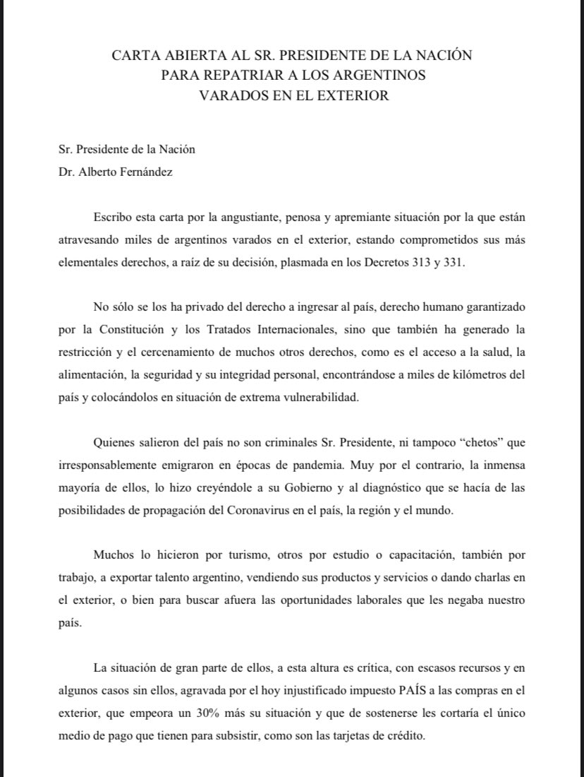 luispetri's tweet photo. Carta abierta al Presidente de la Nación para repatriar #ArgentinosVarados en el exterior https://t.co/tZA9vF4ioY