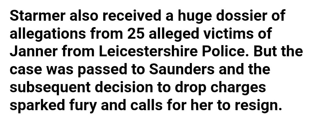 Starmer was aware of allegations against Janner yet dragged his feet, in the end handing the case over to Alison Saunders, closely advised by Levitt, only to applaud her for not pressing charges and then trying to stifle any further discussion on the case. https://www.thesun.co.uk/archives/news/135974/crony-prosecutor/