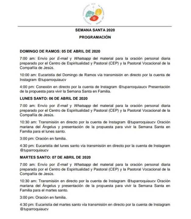 tuparroquiaucv's tweet photo. Programa de la Semana Santa 2020 en #TuParroquiaUCV ⠀
No te pierdas ninguna transmisión en vivo. Porque está Semana Santa estamos más unidos que nunca.
#UnidosEnLaFé #CatólicosEnAcción #QuédateEnCasa #UnidosEnLaDistancia #UnidosEnCristo #SemanaSanta2020 https://t.co/PtlL8ruv7Q