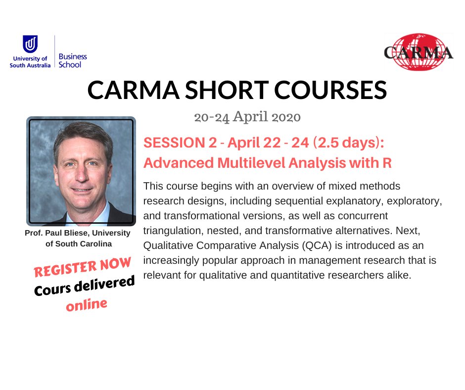 cwexunisa's tweet photo. CARMA April is back and it's online! Book NOW https://t.co/Ew0ttW0Ixx
Prof Paul Bliese will be teaching Advanced Multilevel Analysis with R. This is your chance to expand your skills and knowledge during the lockdown. #cwexunisa #CARMA2020 #onlinecourse #multilevelanalysis #QCA https://t.co/tQ52L2QaEL