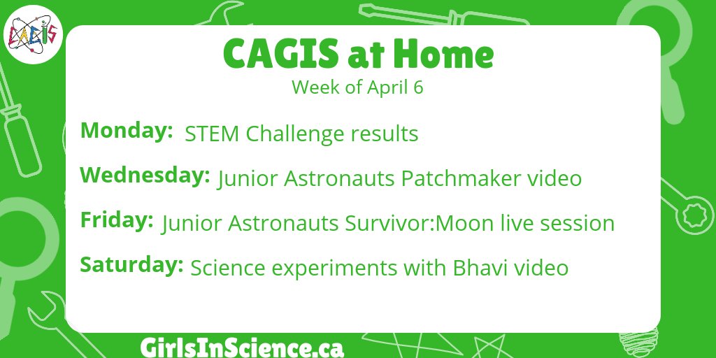 GirlsInScience's tweet photo. We had a great time connecting with you last week and had a blast at the live challenge today.

Check out this week's schedule!

#CAGISatHome #GirlsInSTEM #CAGIS #StayHomeCanada #CASCatHome https://t.co/KNAIEgsIHV