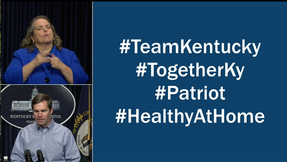 He puts the same hashtags up on the screen every day and then amplifies some of the best content from around Kentucky during the briefing:  #TeamKentucky  #TogetherKY  #Patriot  #HealthyAtHome