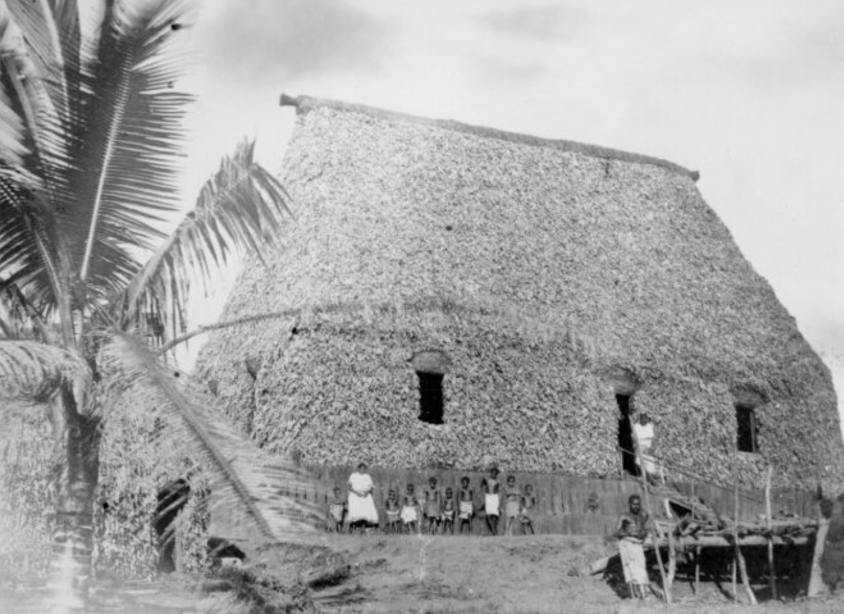 Huge bure. 1881: "View of the chief's house, Korovatu, on the lower Wainimala River, Viti Levu, Fiji."