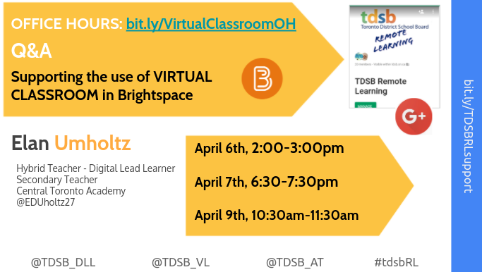 EDUholtz27's tweet photo. Wondering how to connect w your students during Remote Learning?
Virtual Classroom in Brightspace is a great way to host meetings, engage w students & recorded lessons.
Come join an office hour to explore the tool and ask questions - see you there! #tdsbRL #tdsbhybrid #HTDLL https://t.co/T18op2kNox