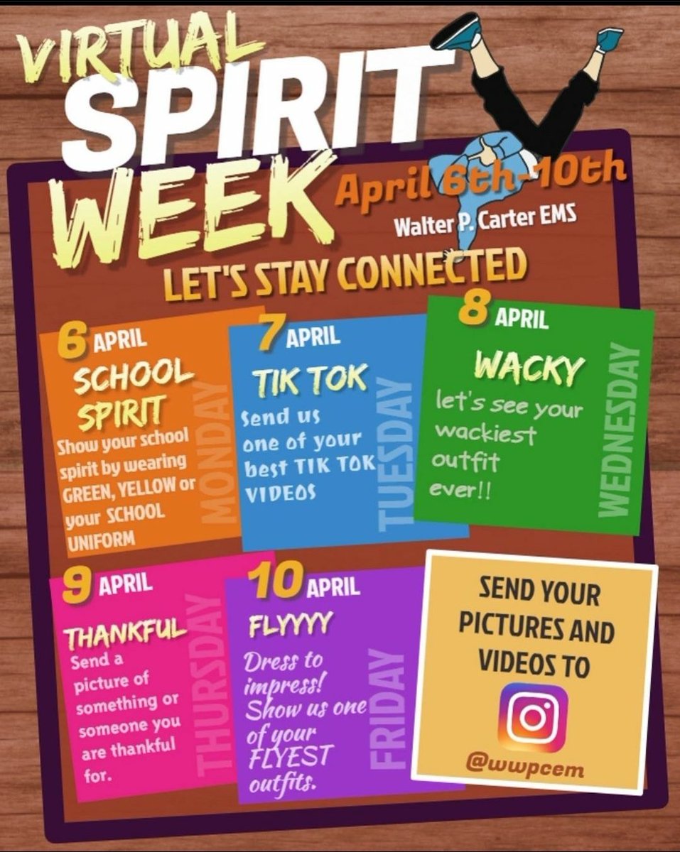 WWPCEM's tweet photo. We are prepared to virtually connect and engage with our students next week. Therefore, students, families, staff, and community partners show us your school spirit by participating in Spirit Week! #wpcbeastmode @PpalPinkney https://t.co/dQkoNCQWp1
