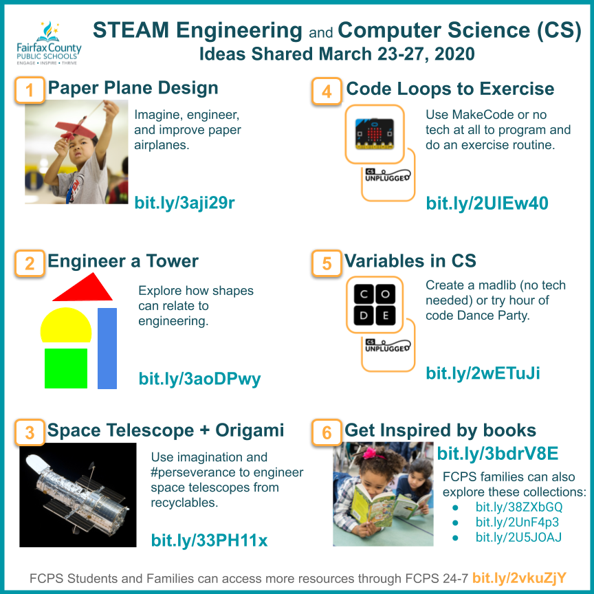 FCPSSTEAM's tweet photo. Looking for engaging activities over Spring Break? Check out these #CSforAll and #FCPSSTEAM activities from the past three weeks and give one or two a try. Share your pictures with us @FCPSSTEAM!    @fcpsnews @FCPSRegion1 @FCPSR2 @FCPSR3 @Region4FCPS @FCPSR5 @prc_fcps @FCPSequity https://t.co/onVvAHxvnx