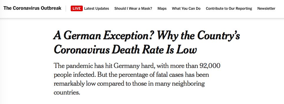 THREAD 1/ Germany has had quite a strong response to  #covid19 and purportedly may never cross its threshold for healthcare capacity through social distancing alone.Why is that?This  @nytimes piece (cc  @kbennhold) is worth the read.Some takeaways:  https://www.nytimes.com/2020/04/04/world/europe/germany-coronavirus-death-rate.html