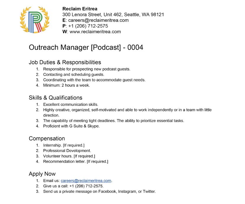 ReclaimEritrea's tweet photo. Are you interested in community engagement? Do you have strategic commuication skills? We are looking for an Outreach Manager to help run #ReclaimEritrea new podcast!
SWIPE ⬅️ for details.
•
#ReclaimEritrea #Eritrea #Podcast #OutreachManager https://t.co/PZeRQiwhHD