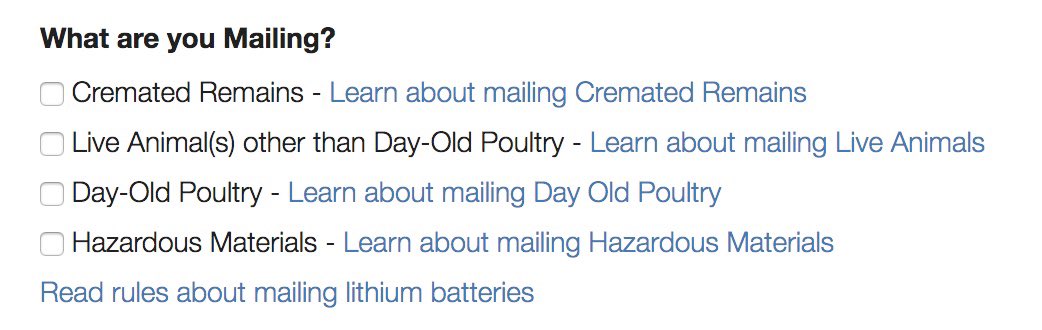 Mailing form asks if you are sending cremates remains, day-old poultry, or other live animals.