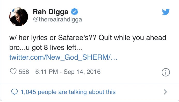 These claims were again ignited in a tweet by not widely known rapper Rah Digga that was posted in September 2016.