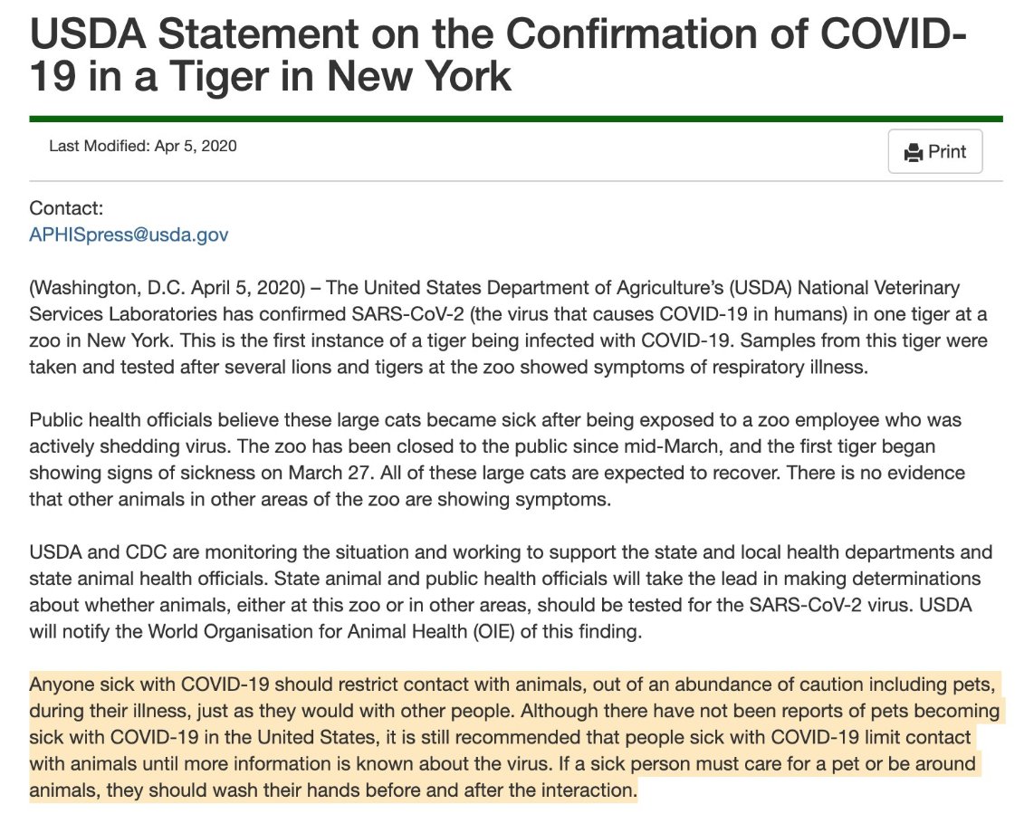 9/ New development. Animal transmission of Coronavirus.Nothing known about whether animals can give back to humans yet, but as we know, we have been behind the curve at every single step of this thing so who knows.