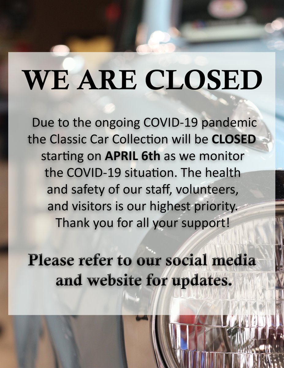kearneyclassics's tweet photo. We are sad to announce that due to the ongoing COVID-19 pandemic, the Classic Car Collection will be CLOSED beginning tomorrow, April 6th. Please monitor our social media and website for updates. Thank you for all your support! https://t.co/v4gfE00FW3