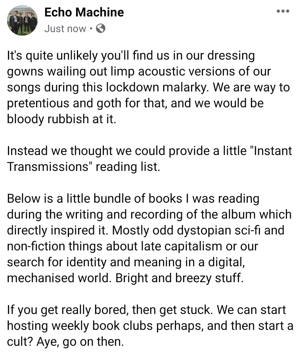 echomach's tweet photo. Made a little photographic "Instant Transmissions" reading list.
A selection of books I was reading during the writing and recording of the album.
Lots of dystopian sci-fi and late capitalist non-fiction.
Cos I'm a coooool dude.
#Books #InstantTransmissions https://t.co/qYltOHEHr9