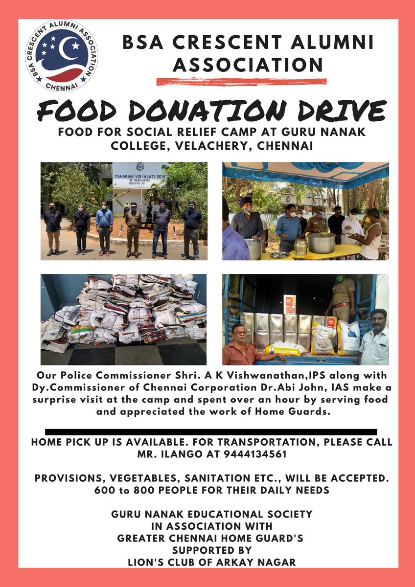 BsaCrescent's tweet photo. FOLLOW UP...
HELPING HANDS FROM BSA CRESCENT ALUMNIS...
PLEASE DONATE GENEROUSLY...
#crescentalumni #bsacrescentalumni #bsaalumni #crescentchennai #crescentengineering #bsaaa #coronaupdate #helplinecorona #helplinecovid19 #bsacrescenthelp https://t.co/BRomHCvhvZ