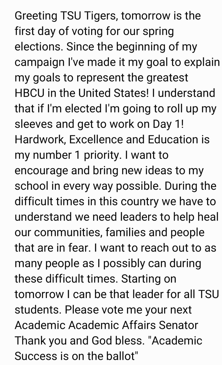 therealogunnubi's tweet photo. Vote me as your next Texas Southern University Academic Affairs Senator on tomorrow. "Academic Success is on the ballot" #txsu #vote #tsustrong #staysafe https://t.co/bm1dHqa0lt