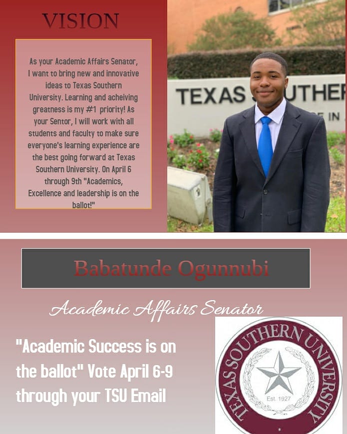 therealogunnubi's tweet photo. Vote me as your next Texas Southern University Academic Affairs Senator on tomorrow. "Academic Success is on the ballot" #txsu #vote #tsustrong #staysafe https://t.co/bm1dHqa0lt