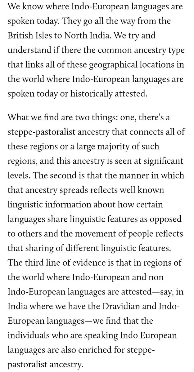 11. There's a steppe pastoralist ancestry that connects all the IE language speaking populations regions. In regions like India where both Dravidian and Indo-European languages are spoken, we find that the individuals speaking IE languages are enriched for steppe ancestry