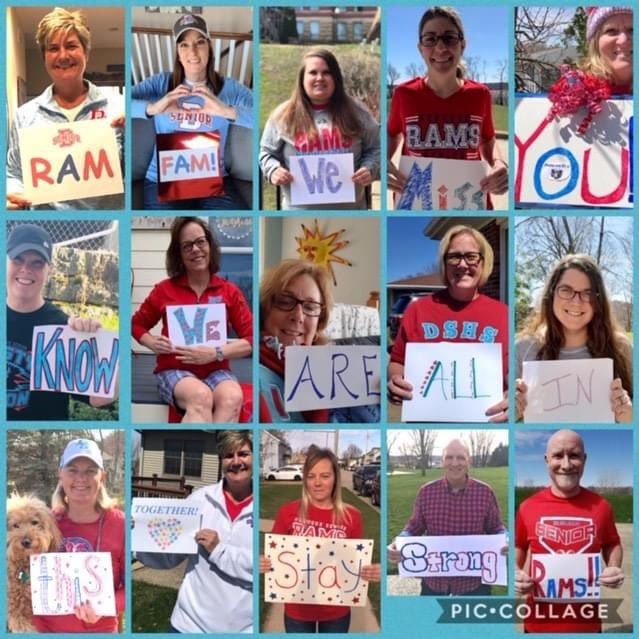 SeniorRamFam's tweet photo. It might be the weekend, but we are still thinking about our RamFam!  Check out the collaboration and creativity by our Secretarial and Safety Staff!  This message is just for you!  #RamFamFaces https://t.co/ydNyrPOyqt