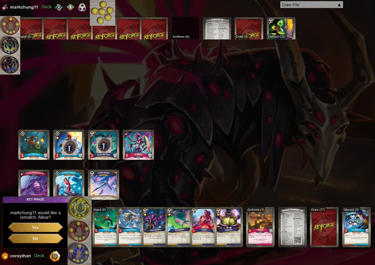 CorayThan's tweet photo. Got a win in round 3 of the 128 player archon tournament being hosted by https://t.co/ecjMW22JkG! I got lucky and got early mothers and dodged his BRIG.

Also enjoying the awesome new @LuxuryPlaystyle keys and aember, they're pretty sweet! #teamsaslp #keyforge https://t.co/xA8tONo0yT