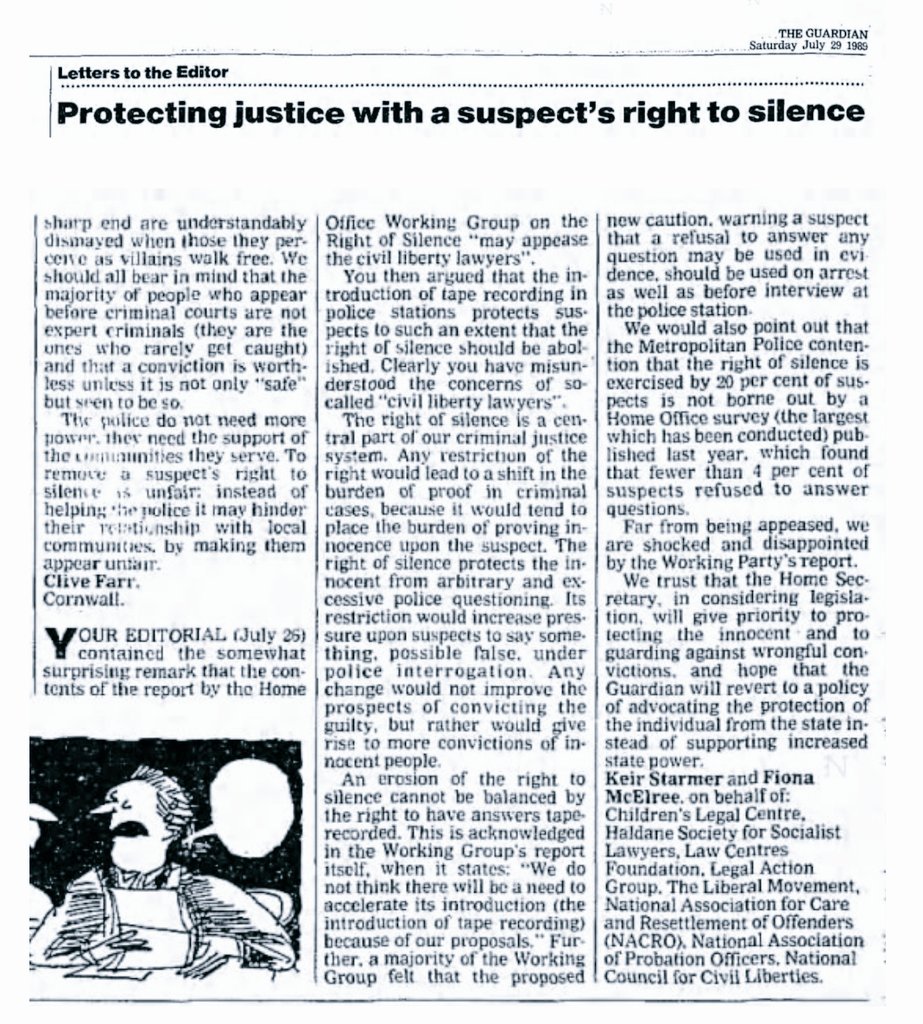 In 1989, Keir Starmer, at the time the NCCL's legal officer, wrote the following letter to the Guardian on behalf, inter alia, of the National Association for the Care and Resettlement of Offenders (NACRO) ...