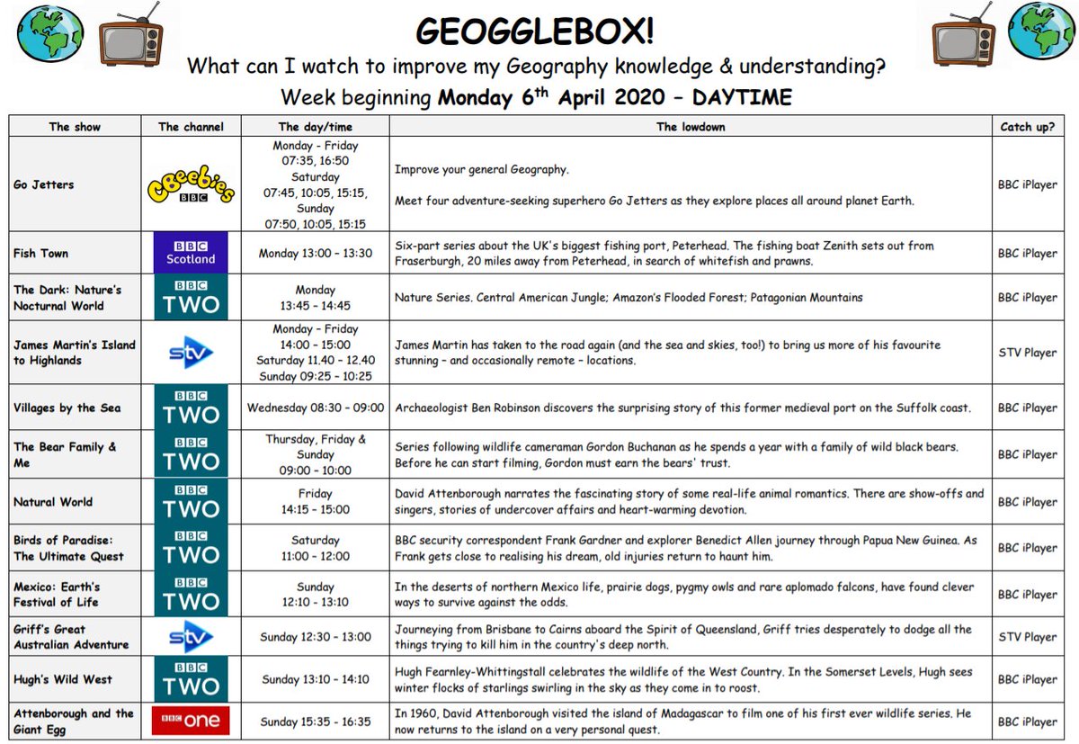 It may be the Easter holidays but the Geography doesn't stop! This is the daytime #geogglebox for the coming week. #StayHomeSaveLives JC