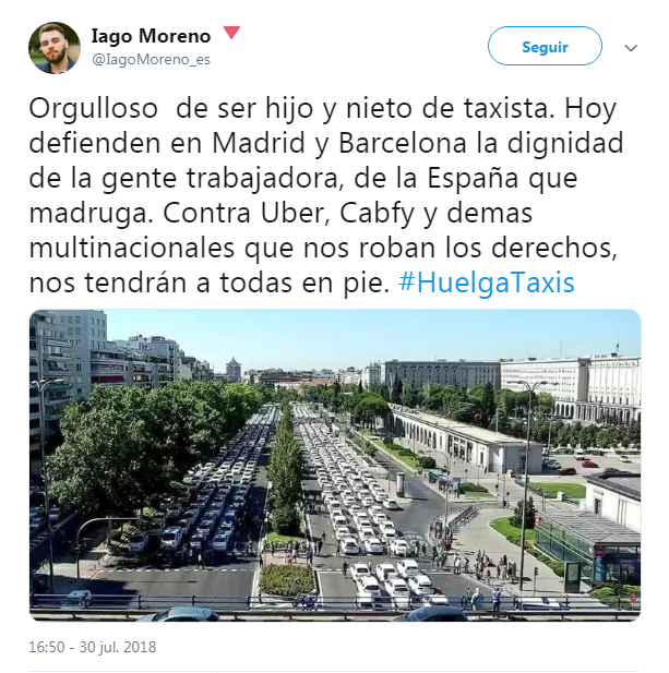 Porque ante todo el camarada Iago, que siempre tiene a la clase obrera en la boca, es un hijo del pueblo.Presume de ser nieto e hijo de taxista y por fin ha llegado su momento. ¡Ahora es el turno de que los hijos del pueblo como él hagan la revolución! https://twitter.com/IagoMoreno_es/status/1023943961881309185