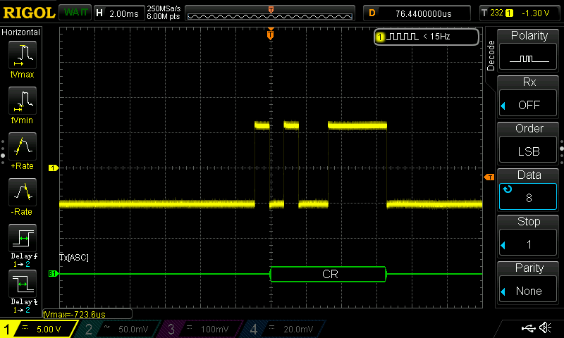 I've got the Chronograph on bench now. I know it's responding to received data, so I'll be looking at xmit data to repair. To be sure I have my instrumentation working to my understanding I setup my Rigol on pin 1 of U9 MC1489 to decode RS232. It works! ;-) Next it's U10 MC1488