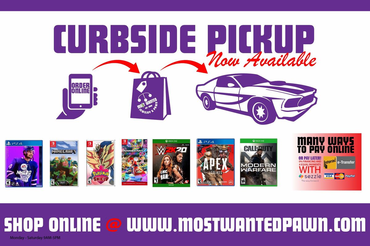 We are now doing #CURBSIDE PICKUP for orders from our website @ MOSTWANTEDPAWN.COM! Come take a look at what we have and we will help set up a time for curbside pickup! Send us a message and we will check our inventory of thousands of items! #PEI #NS #PAWN  #DARTMOUTH #GAMES