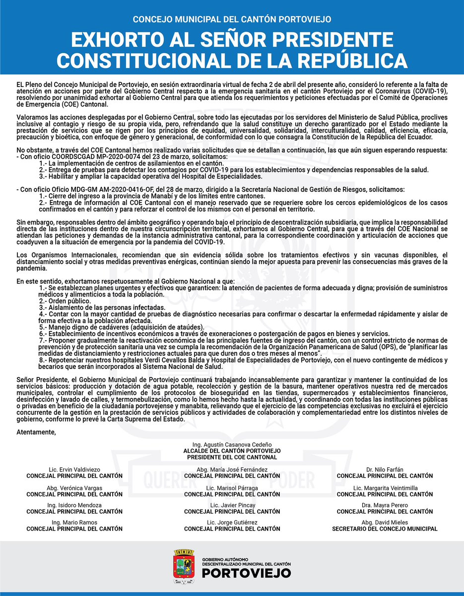 PortoviejoGAD's tweet photo. Exhorto al señor Presidente Constitucional de la República del Ecuador. https://t.co/A3hiATYbyM
