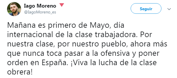 Mi ciberconsejito, amigo  @IagoMoreno_es , es controlar ese ego descomunal y las ansias de ser alguien importante.Eres un señorito burgués y no conoces a la clase trabajadora que desprecia profundamente a gente como tu que se hace pasar por lo que no es. https://twitter.com/IagoMoreno_es/status/991066455000182784